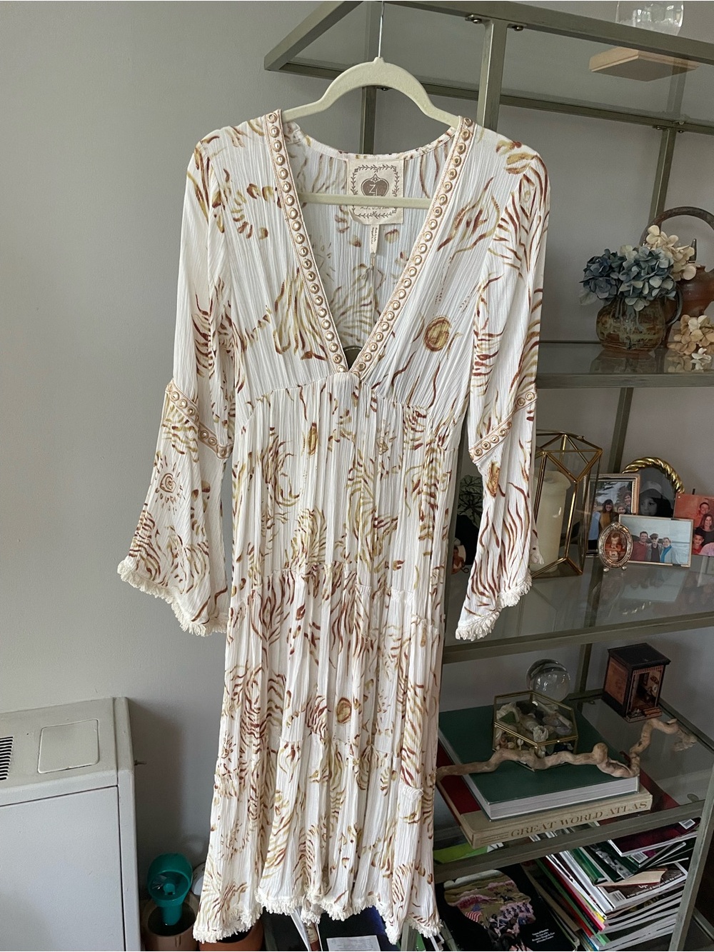 Ivory Floral Midi Dress with Brown Print